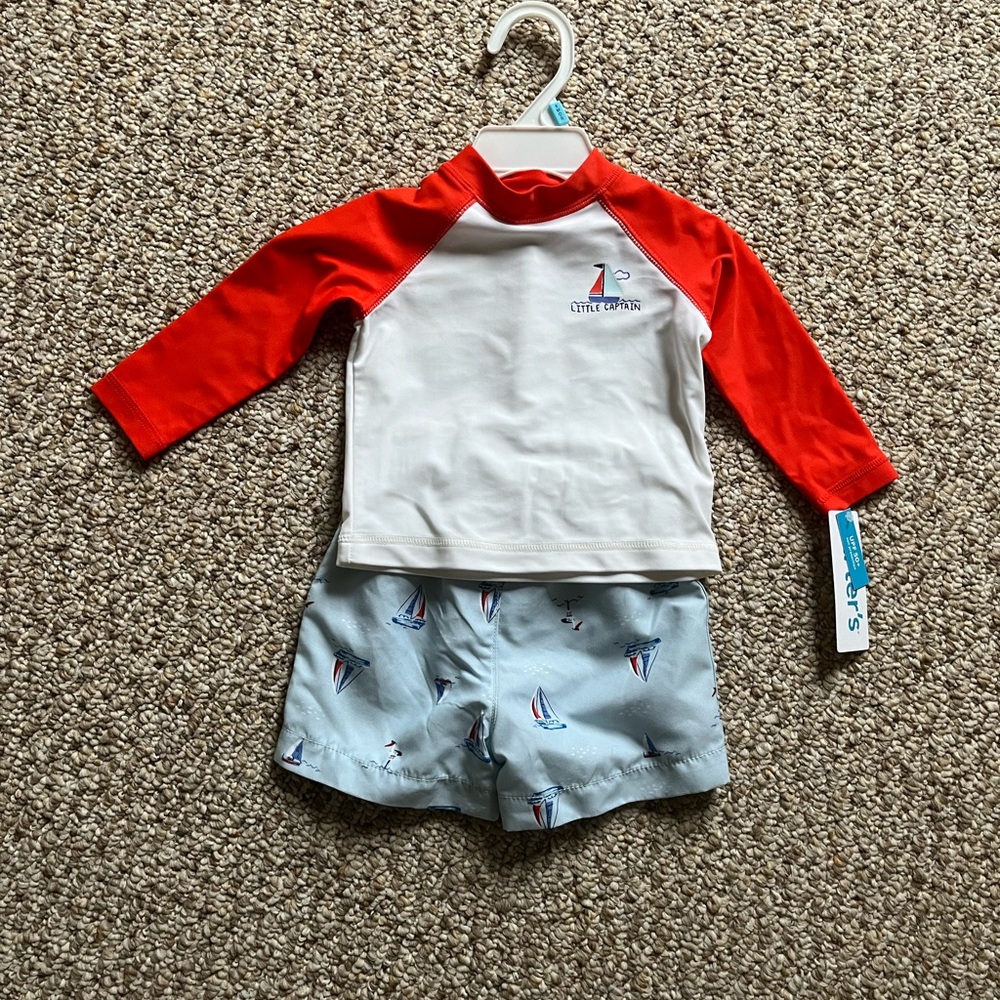 Carter’s 6m rashguard and swim trunks nwt